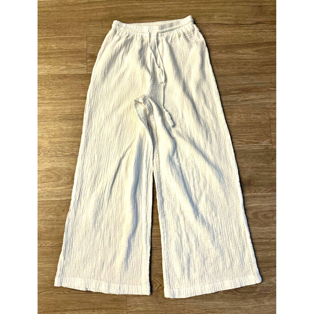 Tahari White Gauze Cotton Wide-Leg Pants Relaxed Drawstring Elastic Small 0107